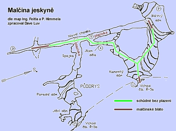 Malina jeskyn - mapa s vyznaenm bltivch mst